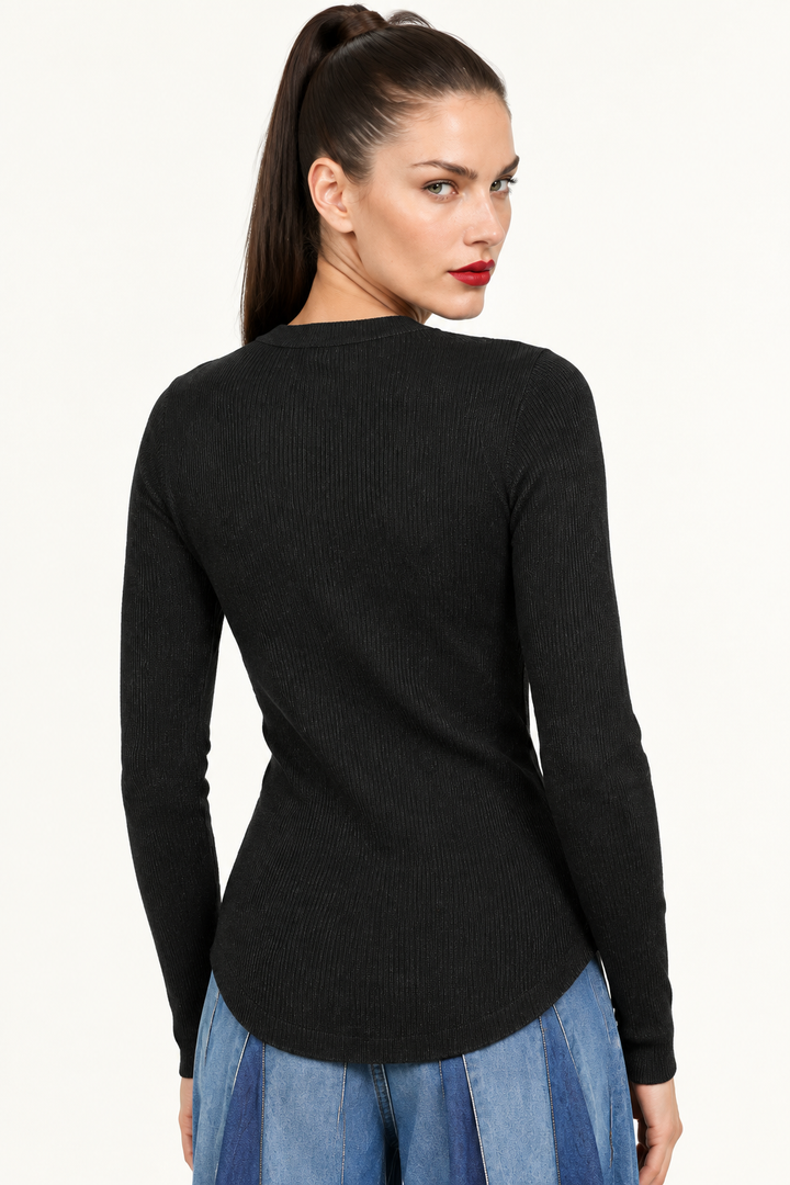 Sloane back waist-up view showing curved hem of black ribbed long sleeve top