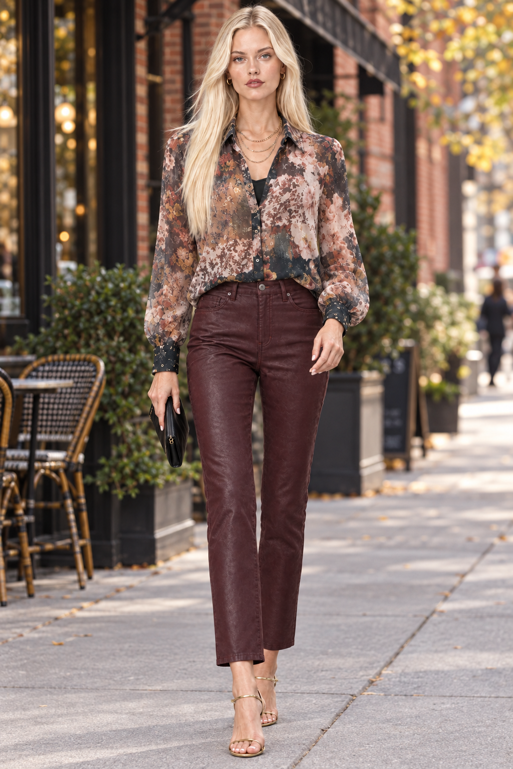Tiffany wearing Winery coated slim-straight pants and floral blouse walking outside a cafe