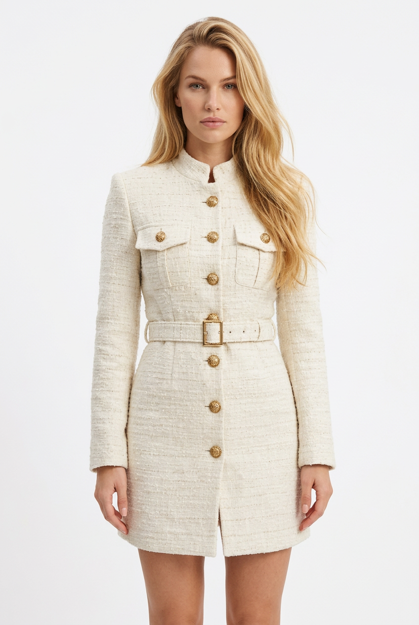 Tricia modeling the ivory Vivienne Tweed Longline Coat on a white background.
