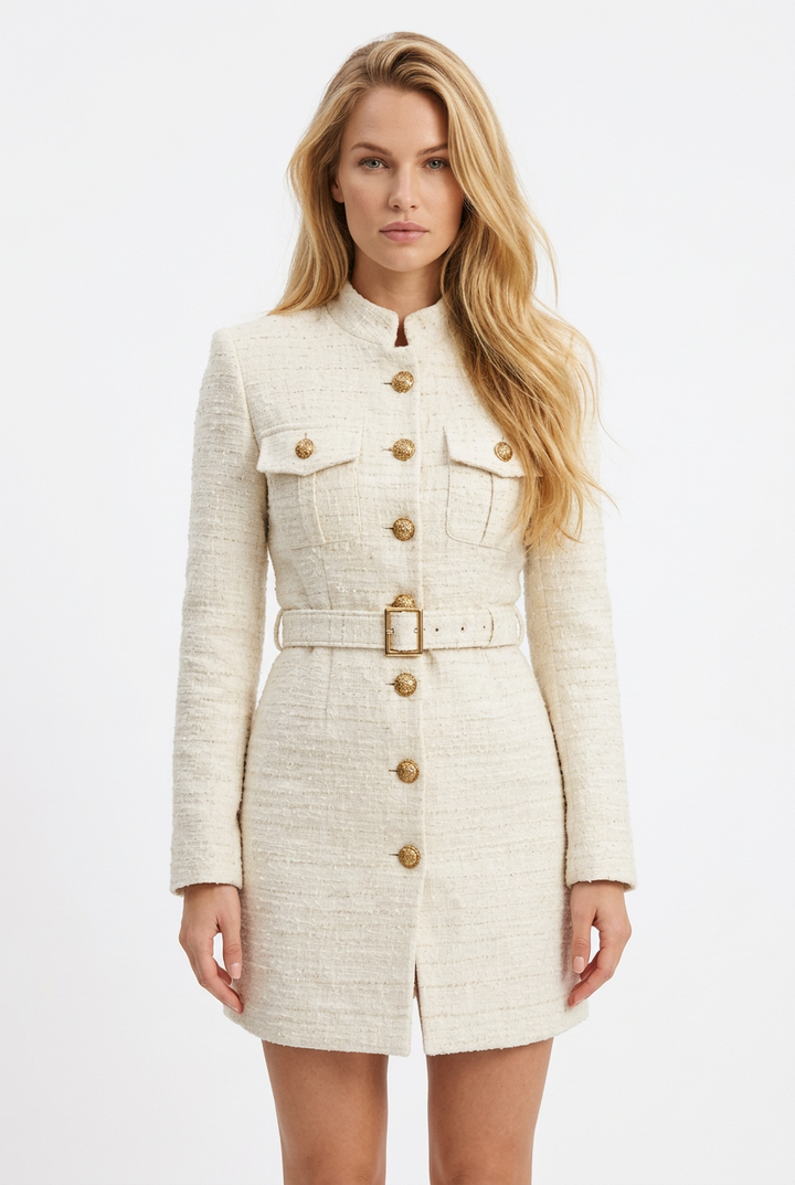 Tricia modeling the ivory Vivienne Tweed Longline Coat on a white background.