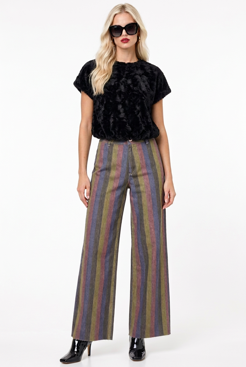 Tiffany in multicolor panel pants, black plush textured top and square-toe black patent booties, front view