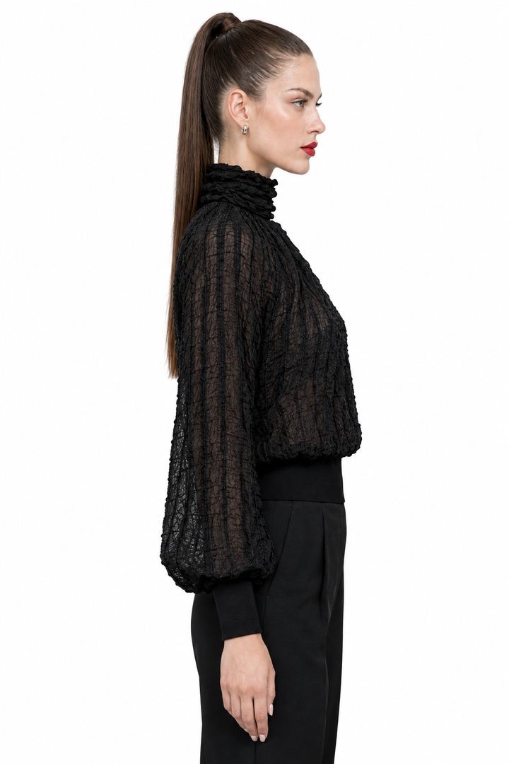 Sloane wearing black semi-sheer textured turtleneck blouse, side view