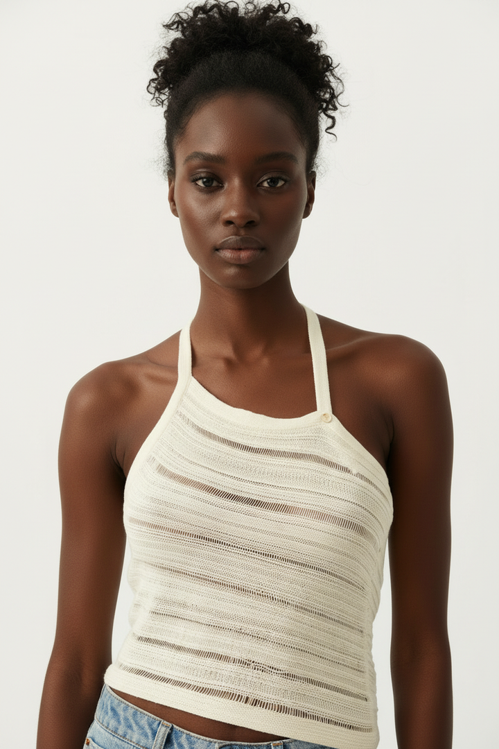 Off-white semi-sheer ladder knit asymmetrical halter top - close-up knit texture detail