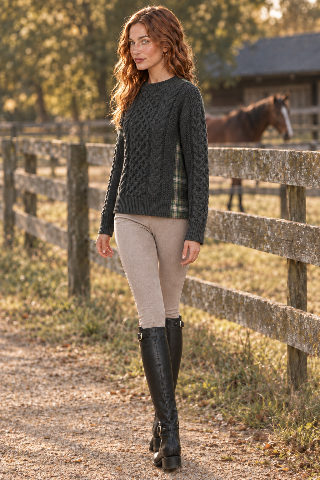 Rowan wearing charcoal cable-knit and olive plaid sweater with taupe riding pants at a paddock fence