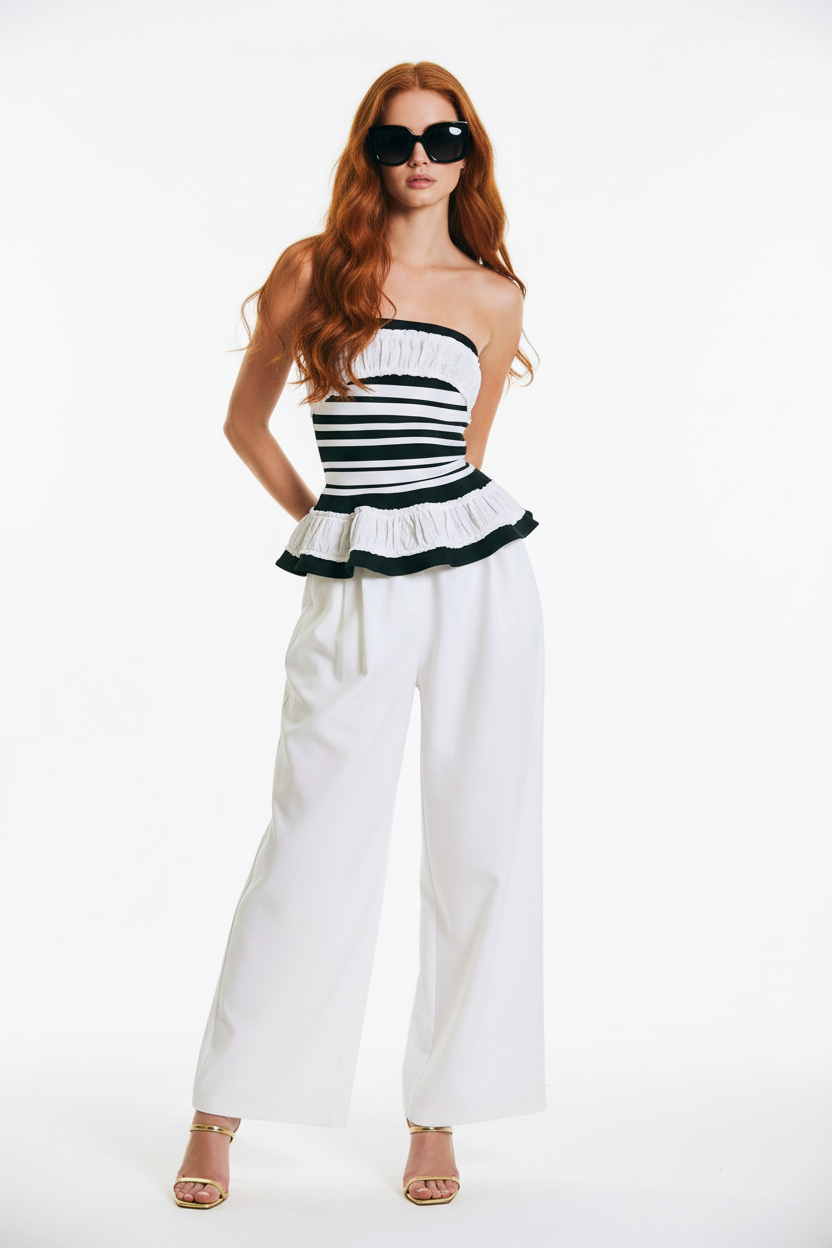 Beciga red hair model wearing white and black striped strapless peplum top, hands behind back
