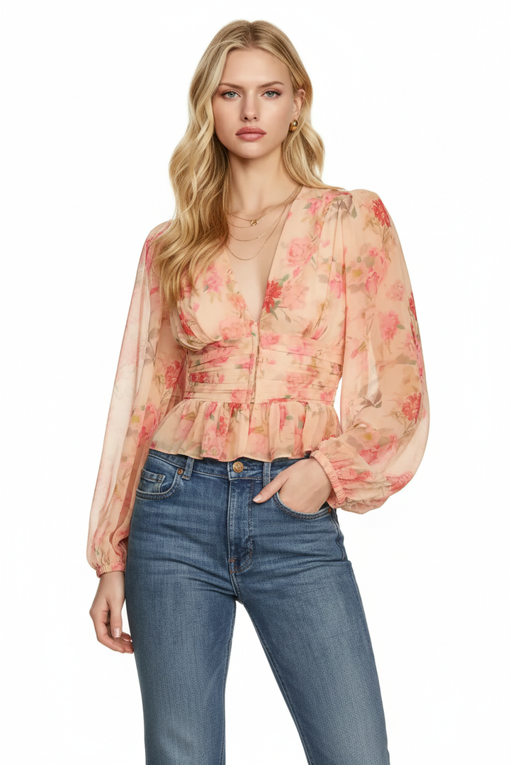 Peach floral chiffon peplum blouse - front facing on white background