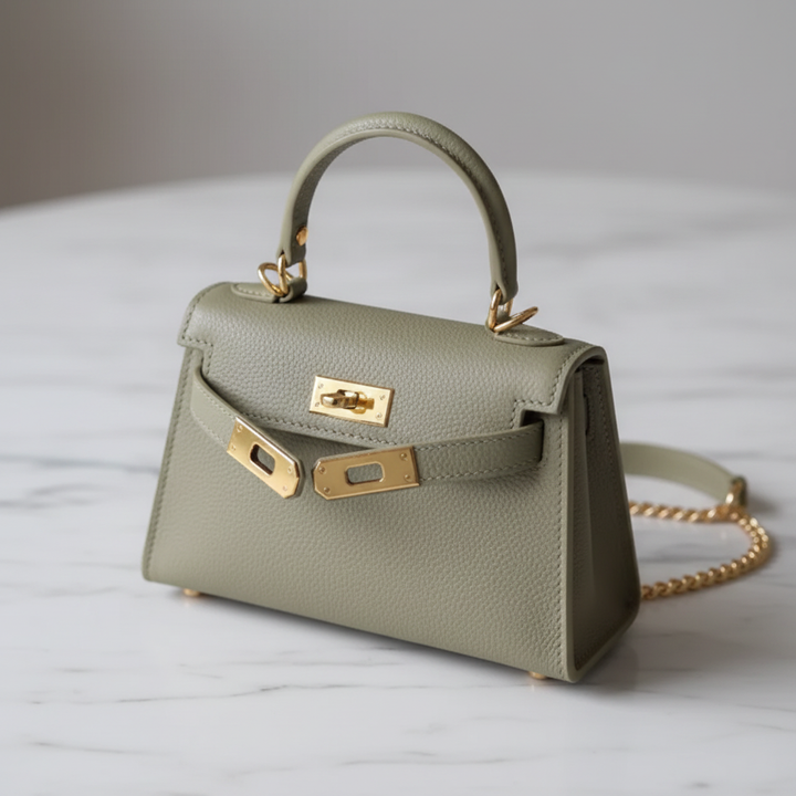 Mini structured leather handbag on marble surface