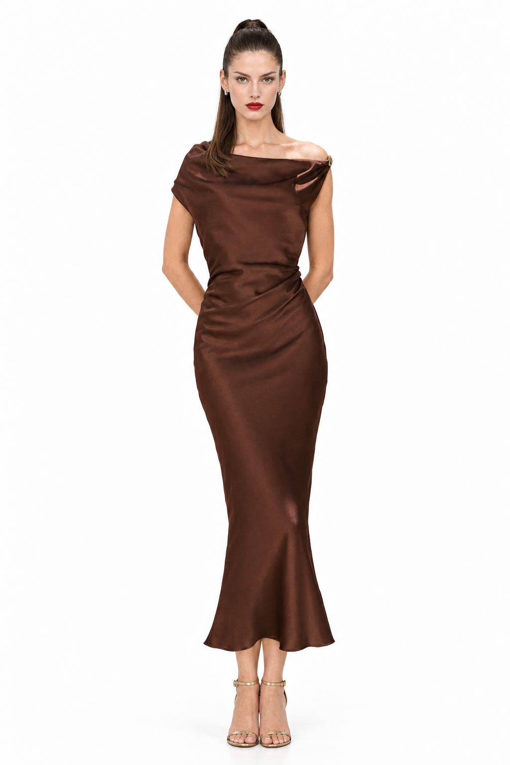 Sloane wearing Rum Raisin satin ruched midi dress, full-length front pose