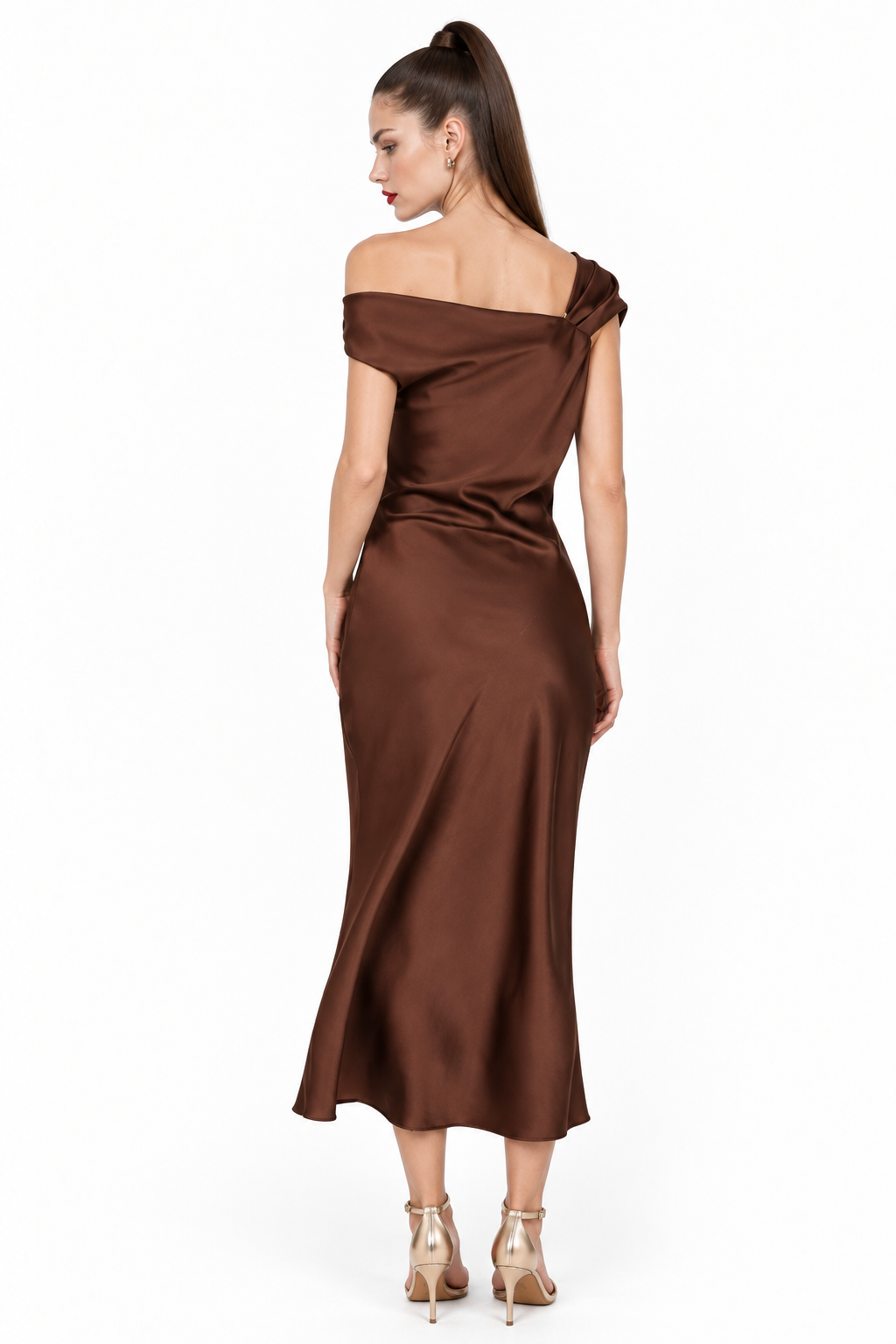 Sloane wearing Rum Raisin satin ruched midi dress, back view