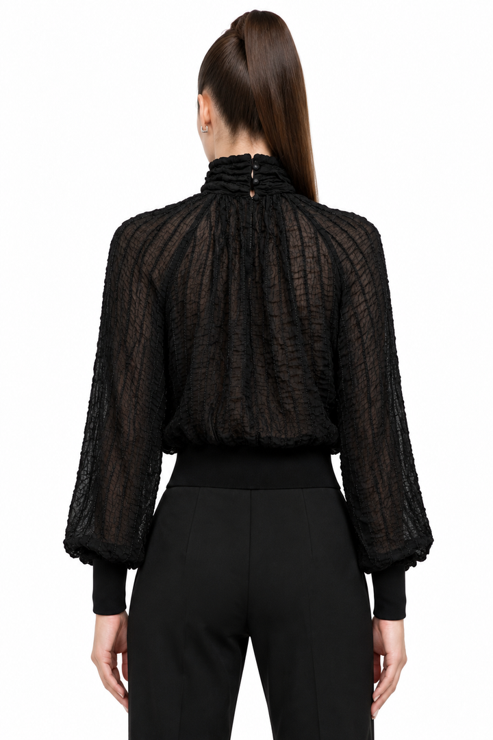 Sloane wearing black semi-sheer textured turtleneck blouse, back view