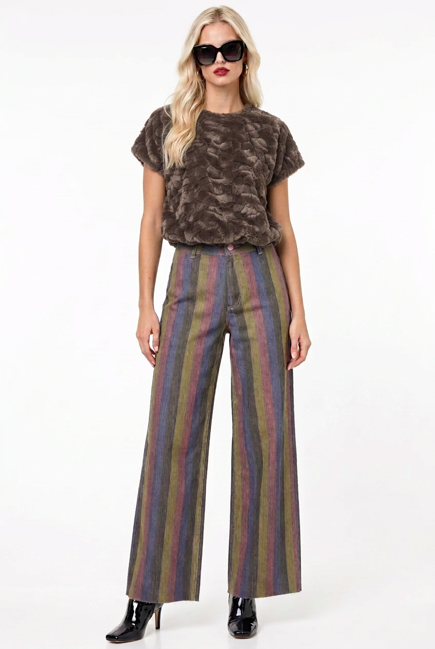 Front view of Multi Color Panel Pants styled with the Mocha plush faux fur top