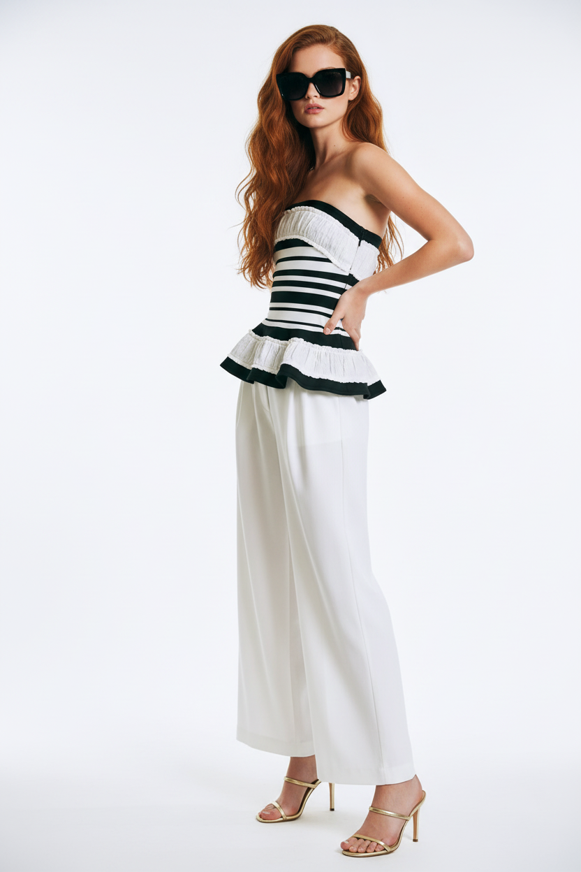 Beciga red hair model wearing white and black striped strapless peplum top, hand on hip