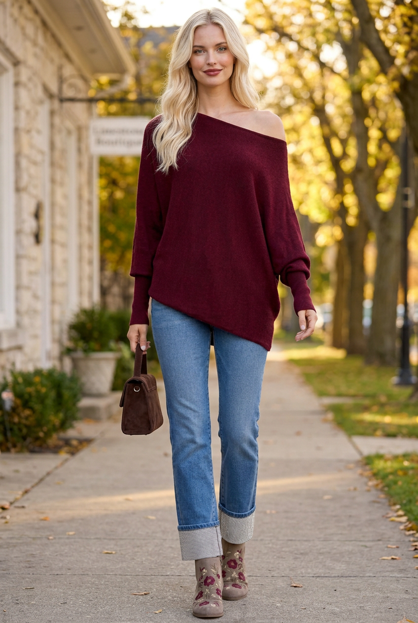 Tiffany in the burgundy Amar sweater, rhinestone cuff jeans and wine-embroidered booties on an autumn boutique street
