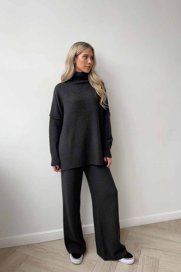 Turtleneck Knit Sweater and Wide Leg Pants Set