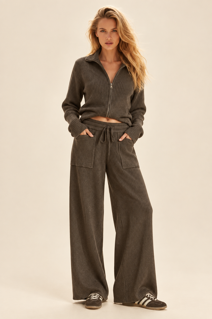 Front view of Tricia showing the drawstring waist and patch pockets of the Espresso ribbed pants