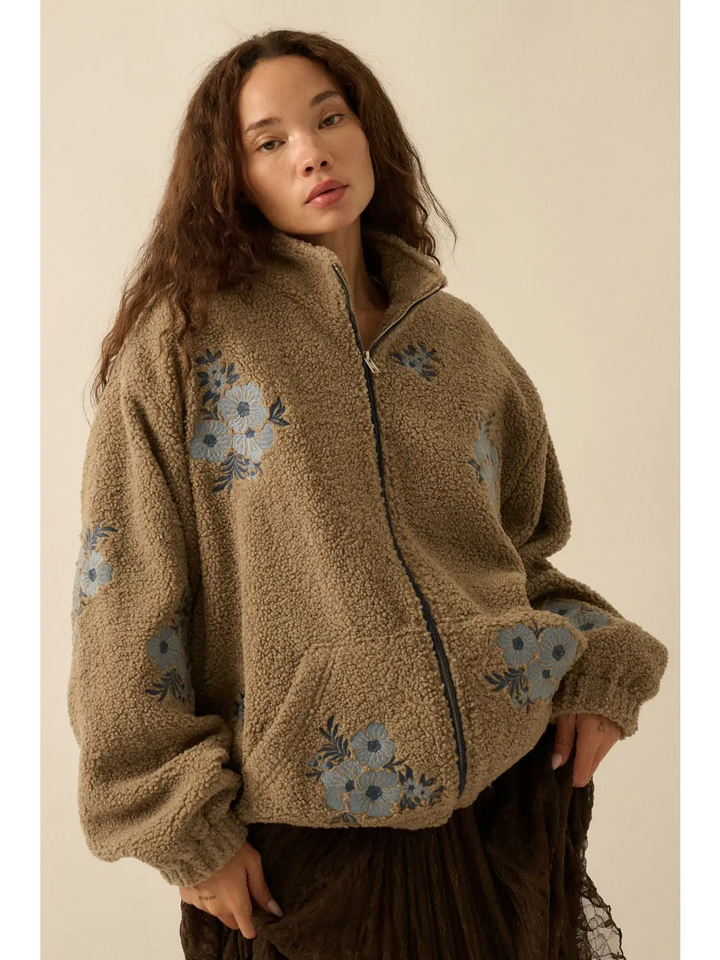 Floral-Embroidered Sherpa Fleece Zip-Up Jacket