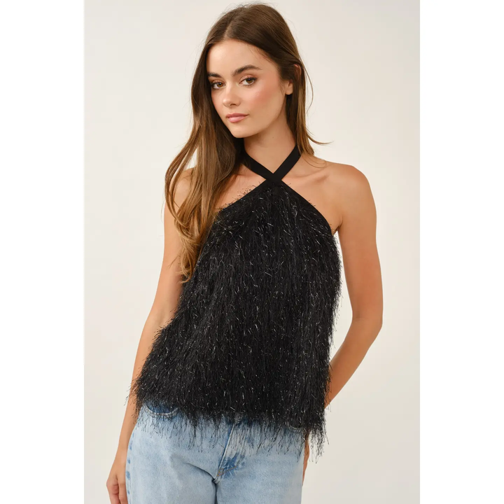 Crisscross Halter Neck Feather Fringe Top