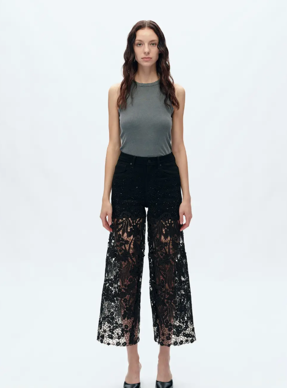 Black High Rise Wide Leg Jeans with Lace Spliced