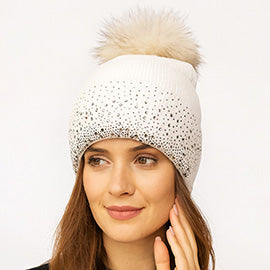 Rhinestone Ribbed Knit  Pom Beanie Hat