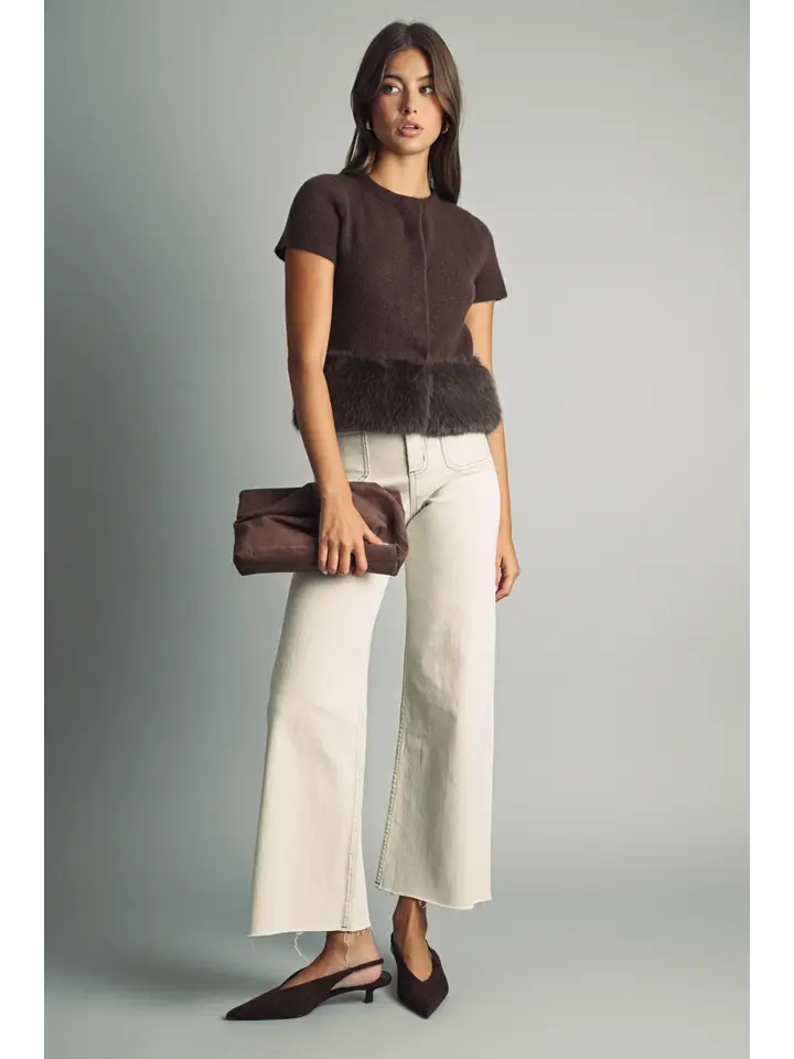 Fur Trimmed Button Front Knit Top