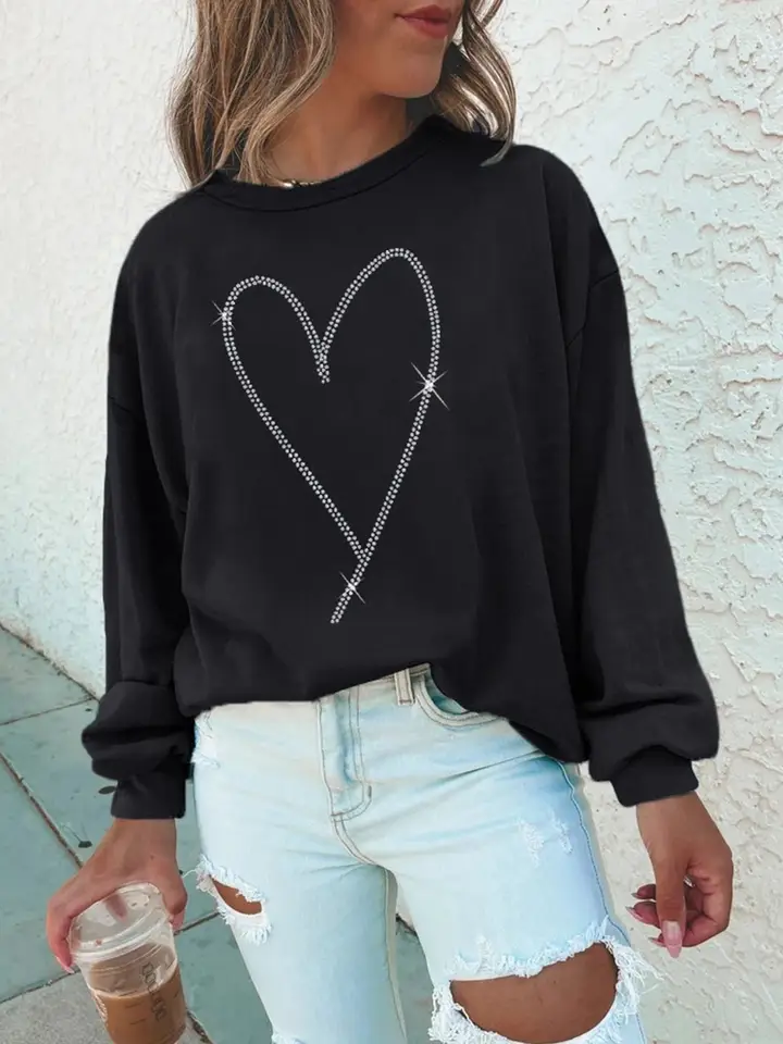 Black Rhinestone Heart Pattern Sweatshirt