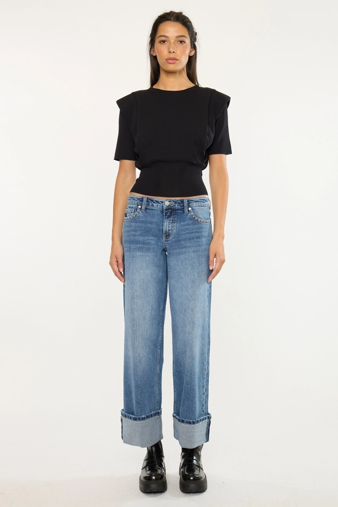 Mid Rise Studded Wide Leg Jeans