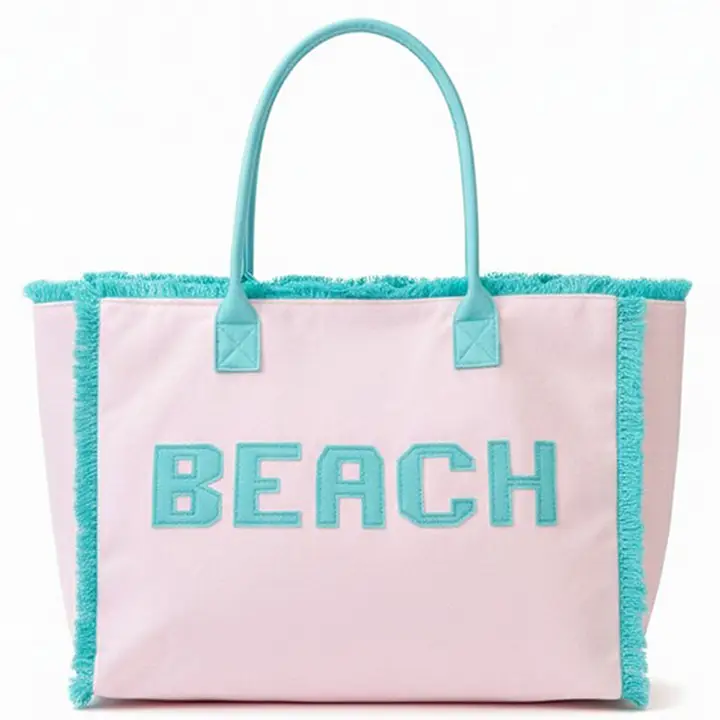 Embroidered Beach Letter Terry Cloth Frayed Tote Bag