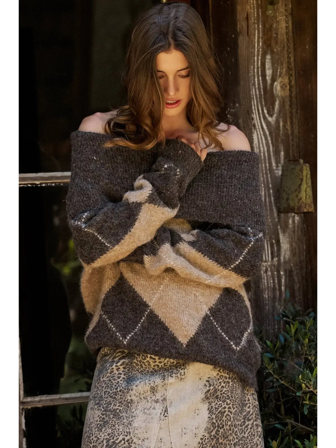 Argyle Knit Sweater with Convertible Cowl Neck