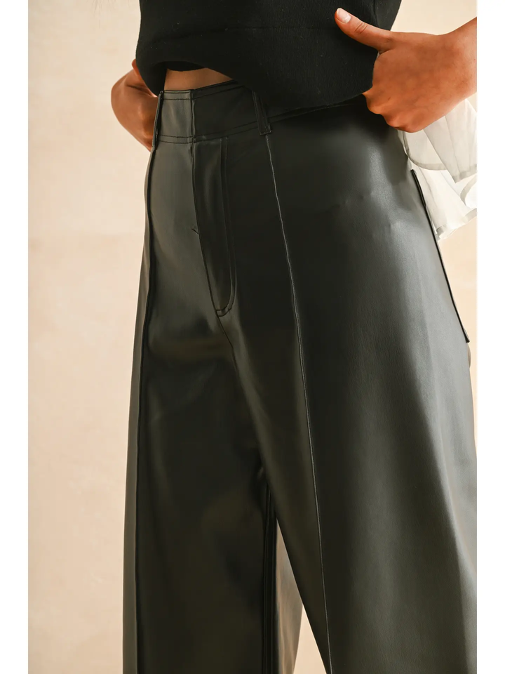 Soft PU  Leather Pintuck Detail Front Pleater Pants