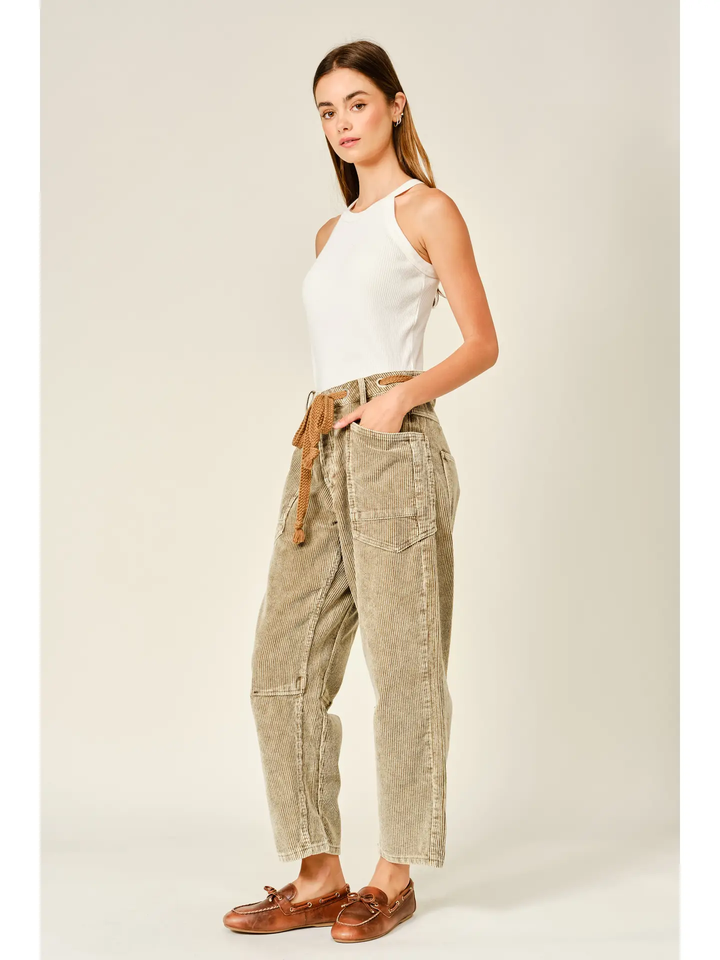 Barrel Corduroy Pants with Eyelet Waist
