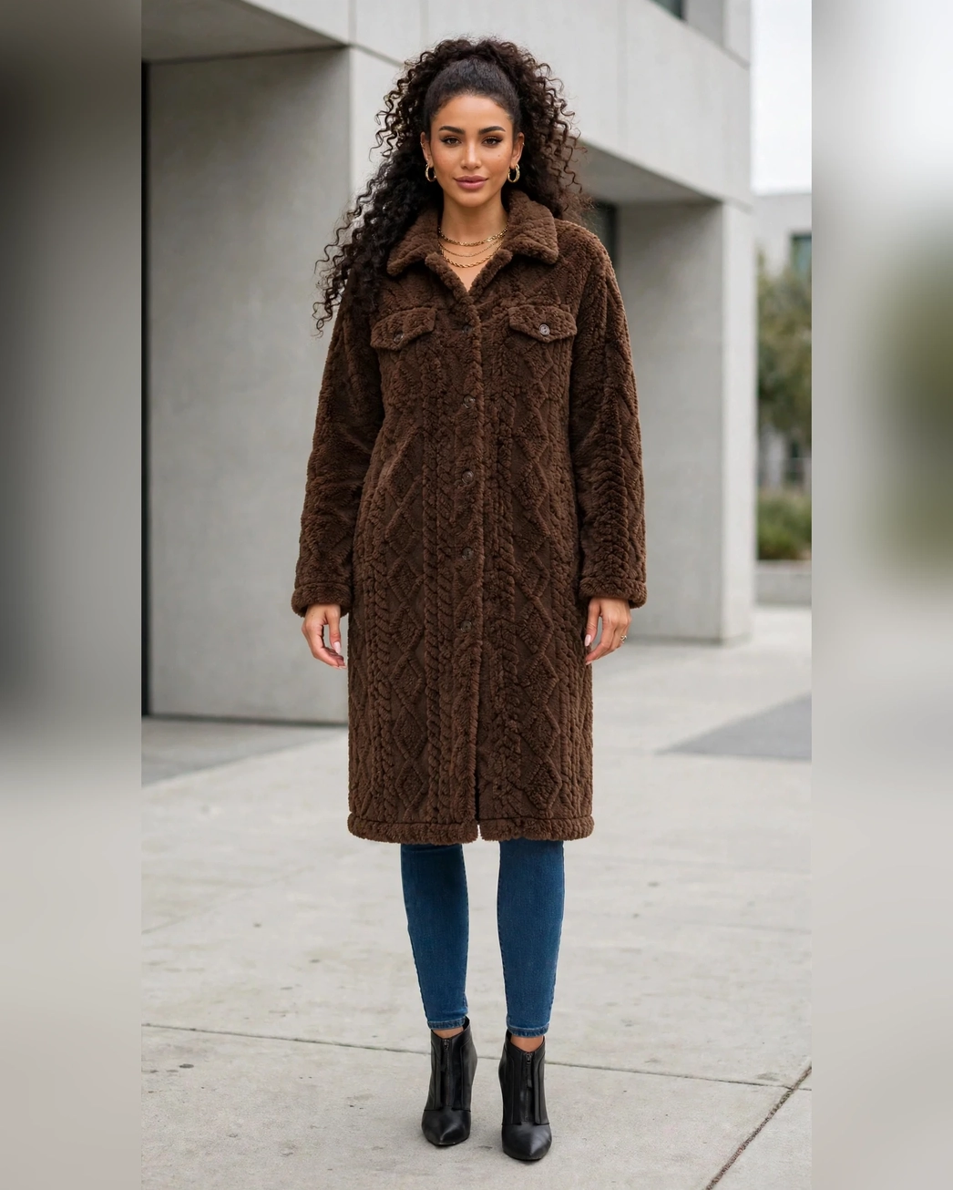 Quilted Sherpa Textured Knit Coat