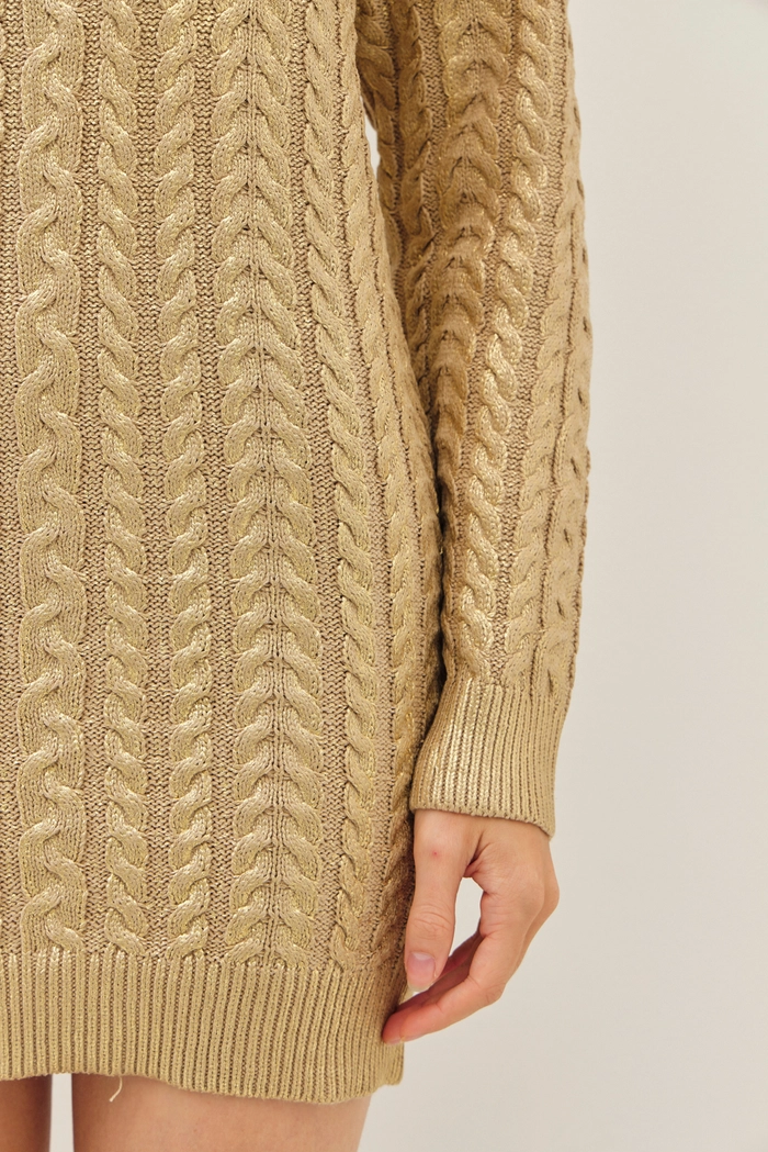 Metallic Foil Cable Knit Sweater Dress Gold / Small Metallic Foil Cable Knit Sweater Dress Gold / Small