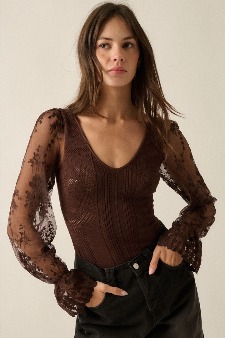 Floral and Ribbed Knit Lace Bodysuit