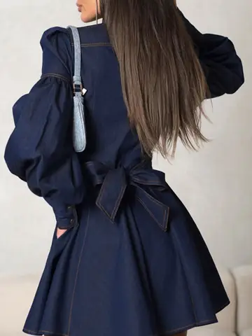 Button Down Puff Sleeve Denim Dress