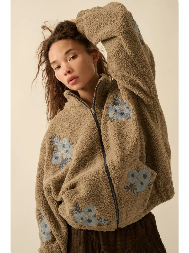 Floral-Embroidered Sherpa Fleece Zip-Up Jacket