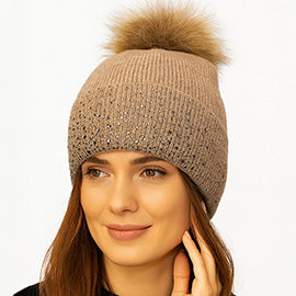 Rhinestone Ribbed Knit  Pom Beanie Hat