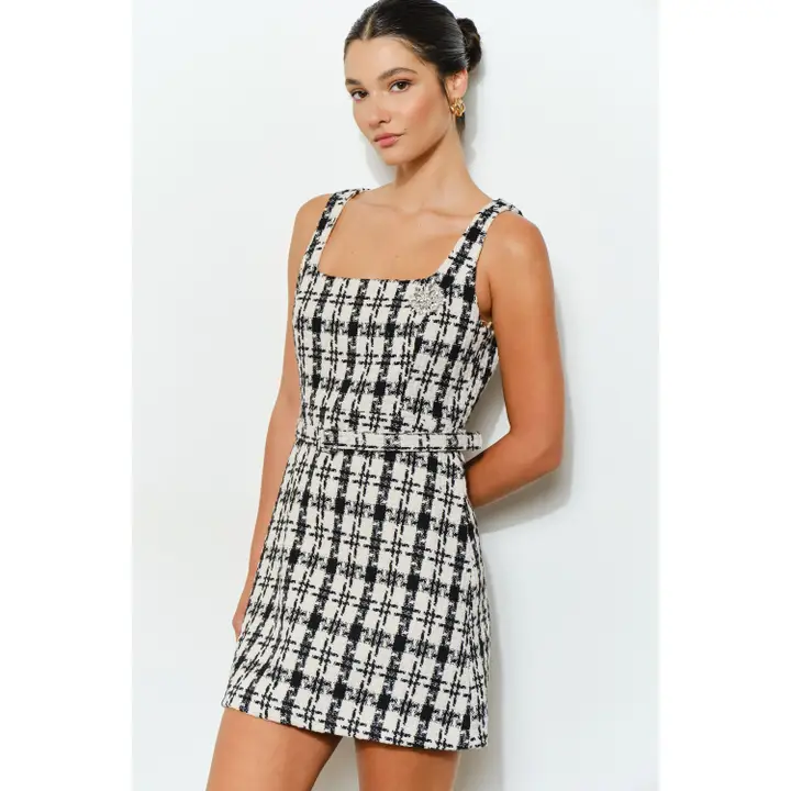 Check Tweed Brooch Detail Belted Mini Dress