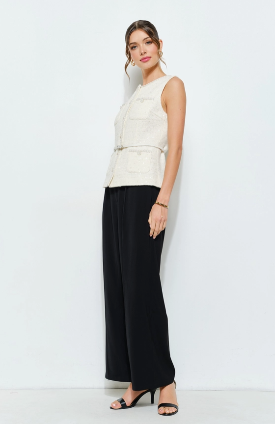 Belted Sequin Tweed Sleeveless Top (Available in Black and Cream)
