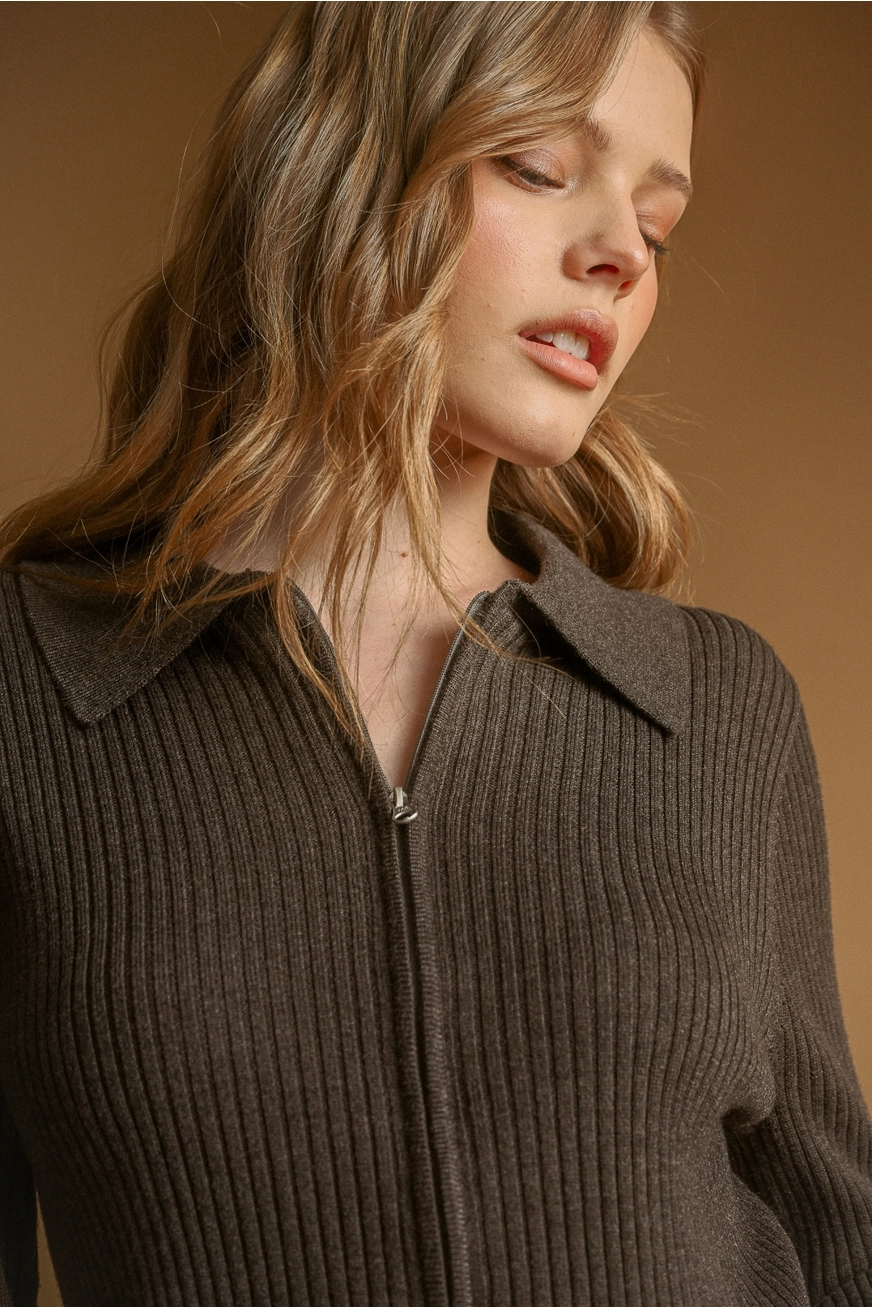 Zip Up Ribbed Knit Top