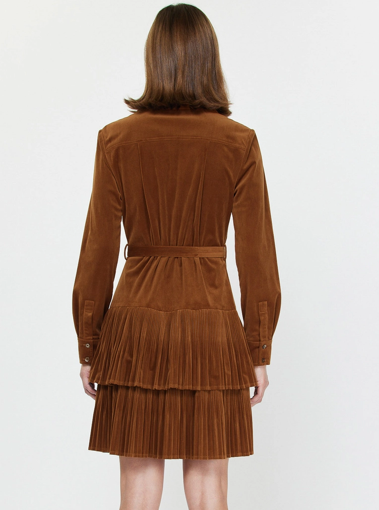 Velvet Pleated Tiered Shirt Mini Dress
