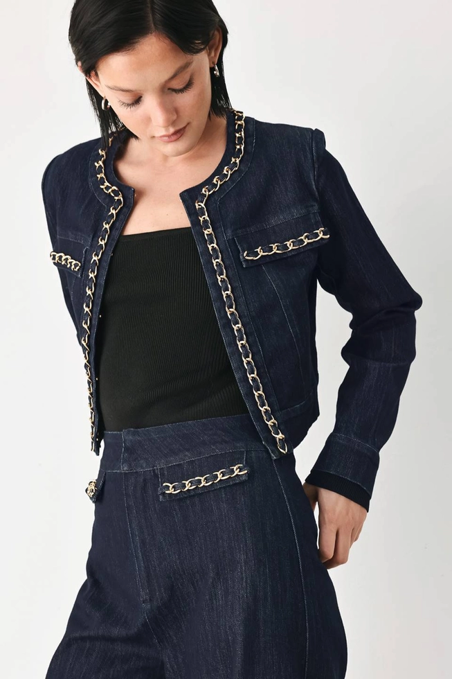 Chain Trim Denim Crop Jacket