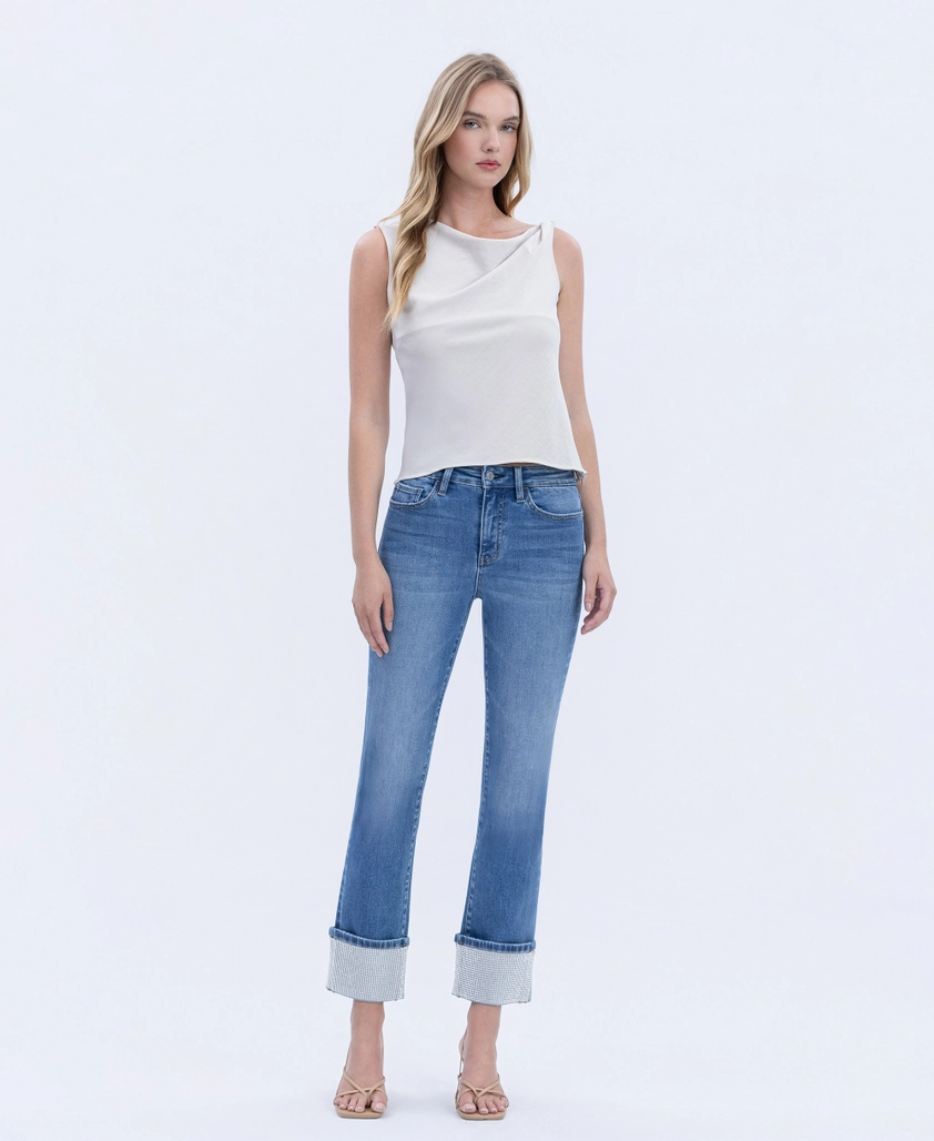 High Rise Rhinestone Cuffed Slim Straight Jeans