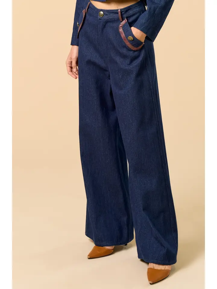 Denim Pants with Pu Leather Trim