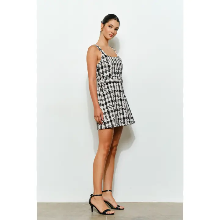 Check Tweed Brooch Detail Belted Mini Dress