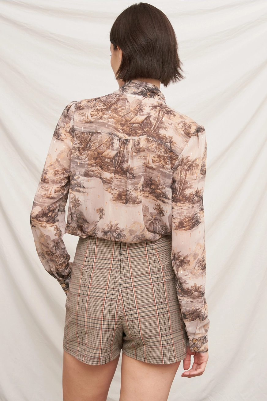 Printed Tie Neck Blouse with Lurex Accents