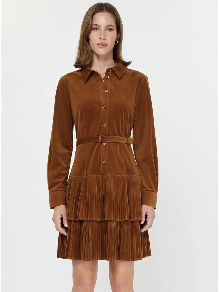 Velvet Pleated Tiered Shirt Mini Dress