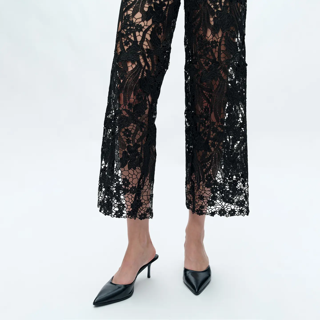 Black High Rise Wide Leg Jeans with Lace Spliced
