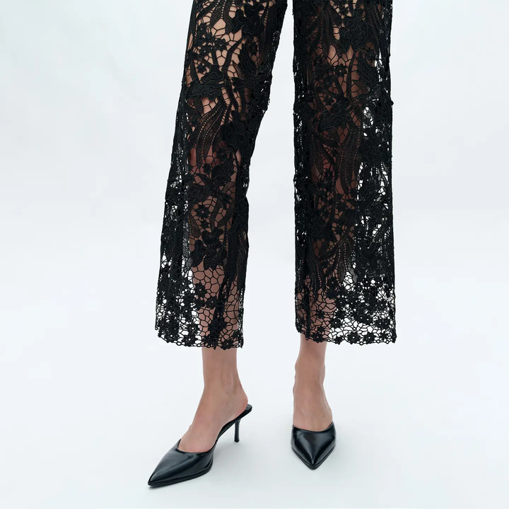Black High Rise Wide Leg Jeans with Lace Spliced