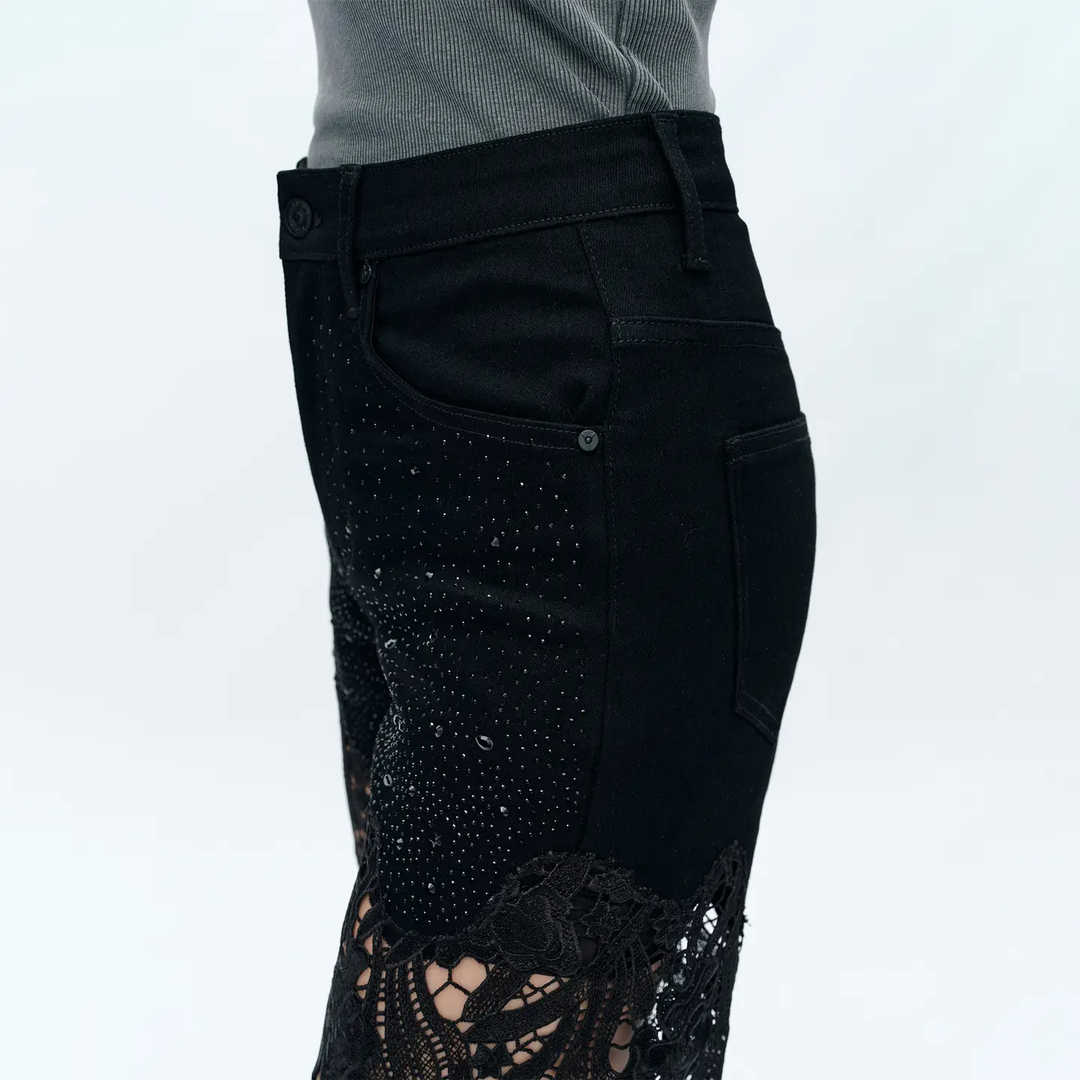 Black High Rise Wide Leg Jeans with Lace Spliced