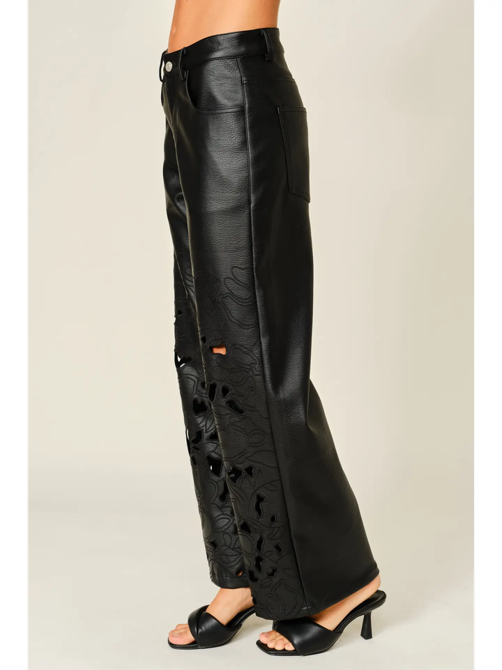 Vegan Leather Floral Cutout Wide Pants